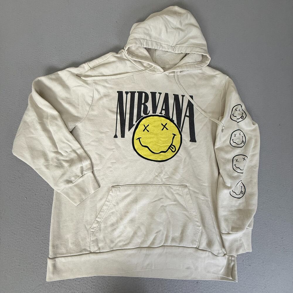 Nirvana Smiley Face Hoodie XL Cream Graphic Pullover Band Sweatshirt